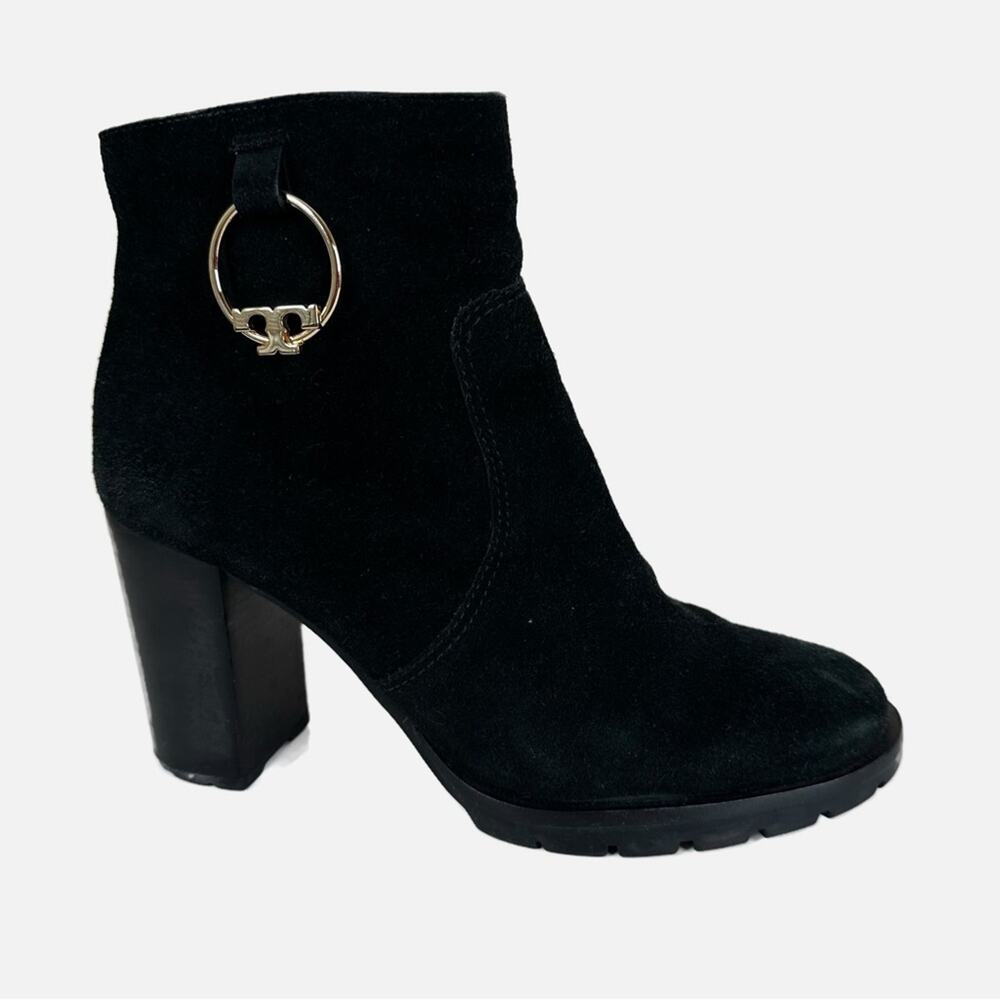 Tory Burch Sophia Lug Sole Boot Womens 9.5 Black Suede Leather Logo Ring Booties